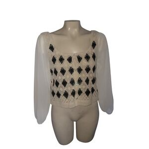 LOLA Cream‎ Black Diamond Crochet Sheer Sleeve Button Front Cardigan Top S sexy